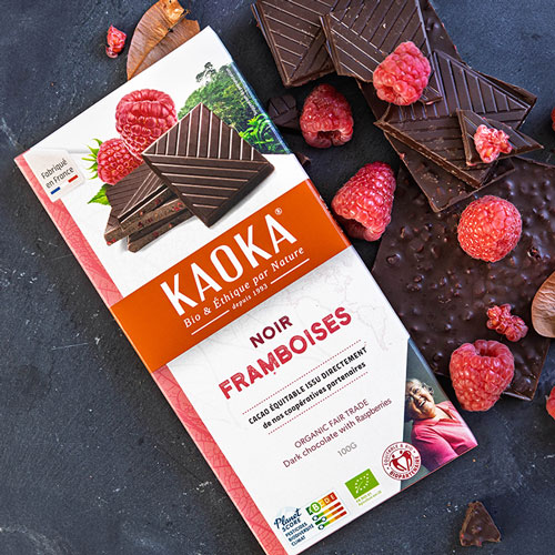 Tablette et carreaux de chocolat noir aux framboises bio équitable Kaoka