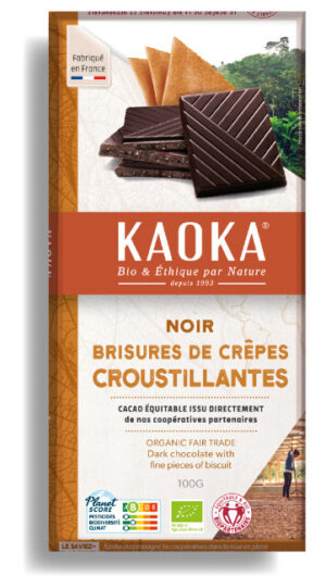 Tablette de chocolat noir 58% cacao aux brisures de biscuit croustillant type crêpe dentelle bio équitable de la marque Kaoka