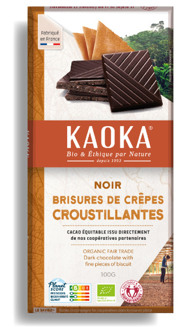Tablette de chocolat noir 58% cacao aux brisures de biscuit croustillant type crêpe dentelle bio équitable de la marque Kaoka
