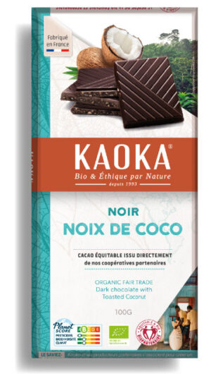 Tablette de chocolat noir 58% cacao aux brisures de noix de coco bio équitable de la marque Kaoka