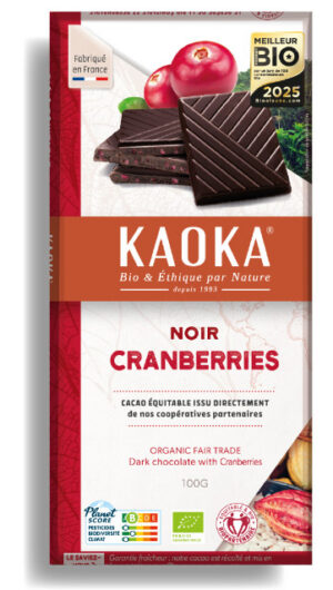 Tablette de chocolat noir 58% cacao aux cranberries bio équitable de la marque Kaoka