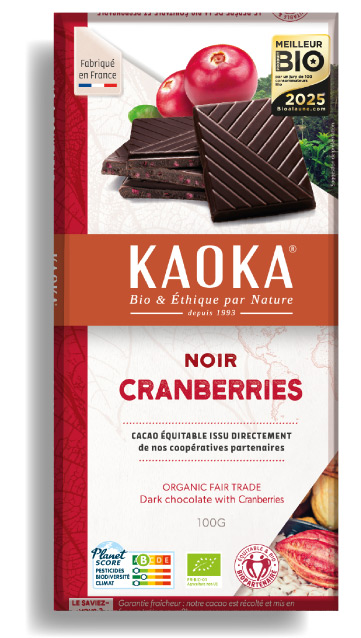 Tablette de chocolat noir 58% cacao aux cranberries bio équitable de la marque Kaoka