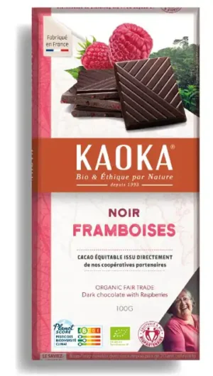 Tablette de chocolat noir 58% cacao aux framboises bio équitable de la marque Kaoka