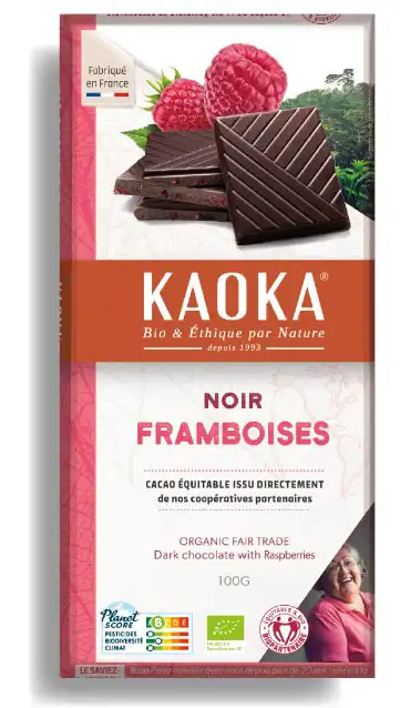 Tablette de chocolat noir 58% cacao aux framboises bio équitable de la marque Kaoka