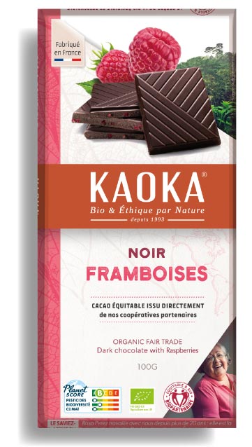 Tablette de chocolat noir 58% cacao aux framboises bio équitable de la marque Kaoka