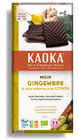 Tablette de chocolat noir 58% cacao au gingembre confit et à l'huile essentielle de citron bio équitable de la marque Kaoka