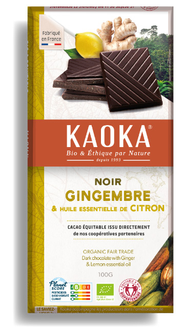Tablette de chocolat noir 58% cacao au gingembre confit et à l'huile essentielle de citron bio équitable de la marque Kaoka