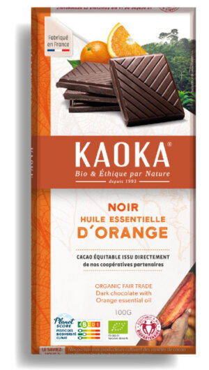 Tablette de chocolat noir 58% cacao à l'huile essentielle d'orange bio équitable de la marque Kaoka