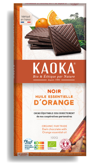 Tablette de chocolat noir 58% cacao à l'huile essentielle d'orange bio équitable de la marque Kaoka