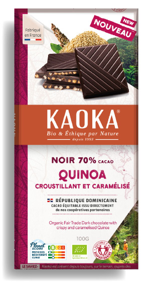 Tablette de chocolat noir aux billettes de quinoa croustillantes et caramélisées