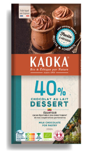 Tablette dessert de chocolat au lait 40% bio équitable de la marque Kaoka