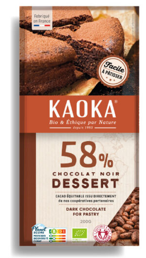 Tablette dessert de chocolat noir 58% bio équitable de la marque Kaoka