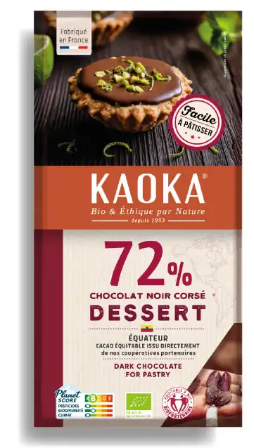 Tablette dessert au chocolat noir 72% cacao origine Equateur de la marque Kaoka