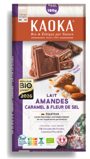Tablette de chocolat au lait aux amandes entières, aux éclats de caramel et à la fleur de sel bio équitable de la marque Kaoka