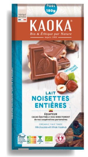 Tablette de chocolat au lait aux noisettes entières bio équitable de la marque Kaoka