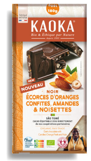 Tablette de chocolat noir 66% cacao aux écorces d'orange confite, aux amandes et noisettes caramélisées bio équitable de la marque Kaoka