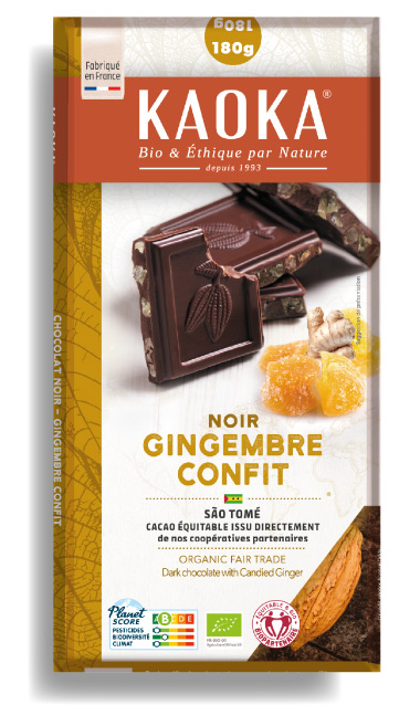 Tablette de chocolat noir 66% cacao au gingembre confit bio équitable de la marque Kaoka