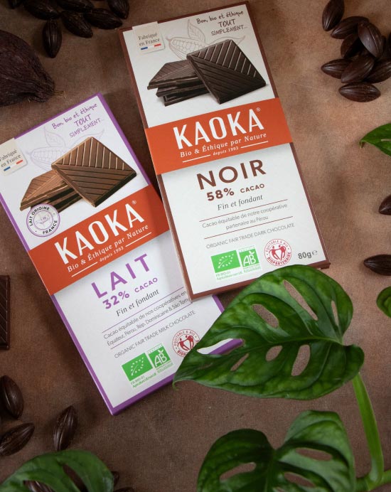 Tablettes de chocolat fines et fondantes de la marque Kaoka
