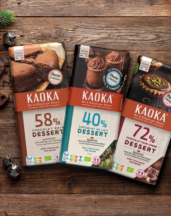 Tablettes de chocolat de la gamme dessert de la marque Kaoka pour pâtisser