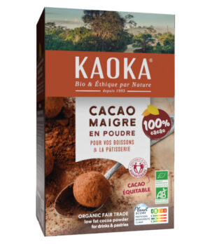 Boîte de 250g de cacao maigre en poudre bio équitable de la marque Kaoka