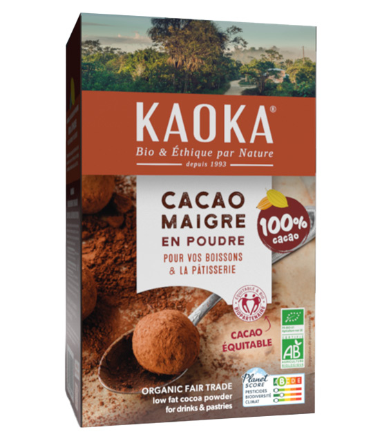 Boîte de 250g de cacao maigre en poudre bio équitable de la marque Kaoka