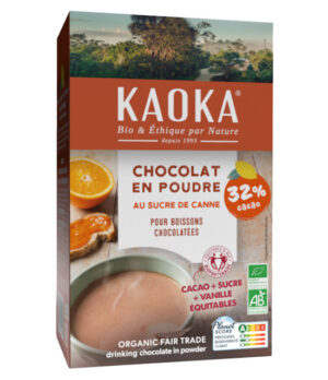 Boîte de 400g de chocolat en poudre sucré bio et équitable de la marque Kaoka