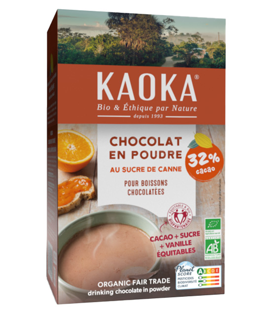 Boîte de 400g de chocolat en poudre sucré bio et équitable de la marque Kaoka