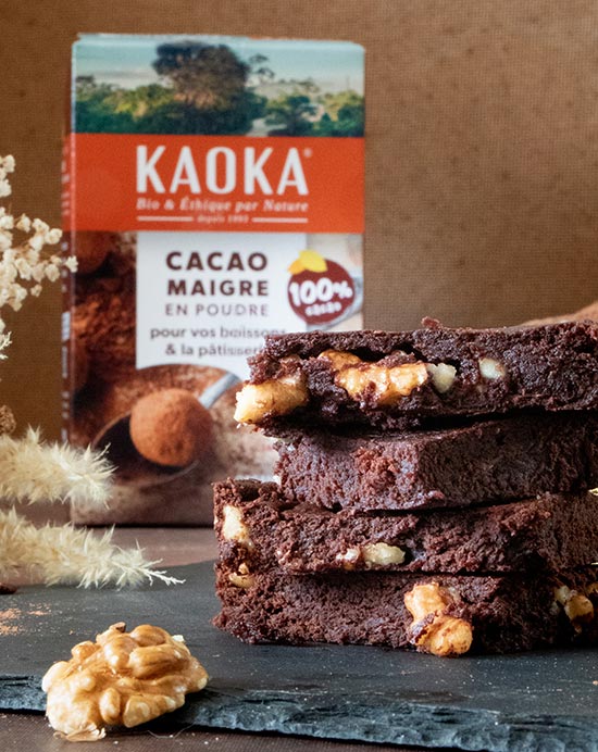 Brownie réalisé à partir de cacao maigre en poudre bio équitable de la marque Kaoka