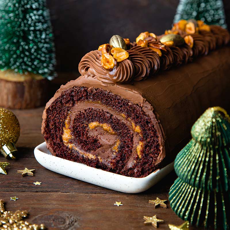 Recette de bûche vegan au chocolat noir et au praliné