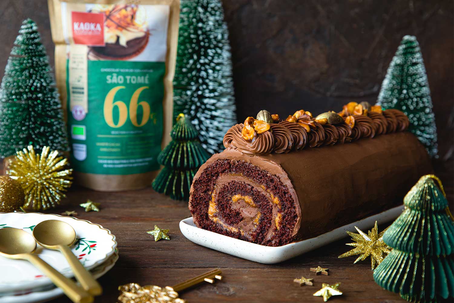 Recette de bûche vegan au chocolat noir et au praliné