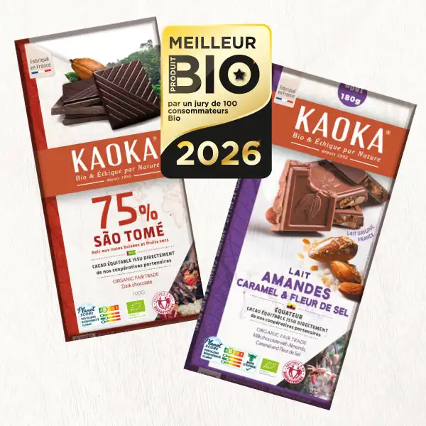 Les deux tablettes de chocolat Kaoka primées Meilleur Produit Bio 2026