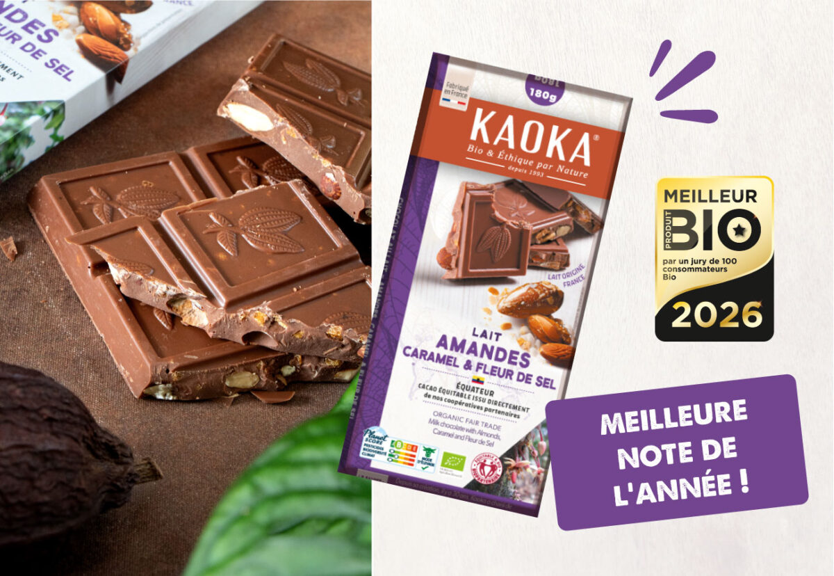 Tablette de chocolat au lait, amandes, caramel et fleur de sel de la marque Kaoka, meilleur produit bio 2026