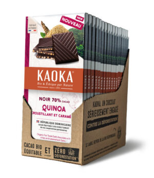 Carton complet de 17 tablettes de chocolat noir 70% cacao au quinoa croustillant de la marque Kaoka