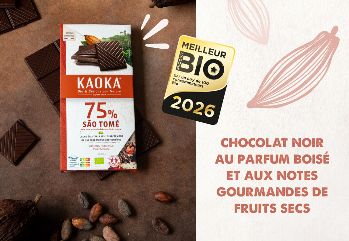Tablette de chocolat noir 75% origine Sao Tomé de la marque Kaoka, meilleur produit bio 2026