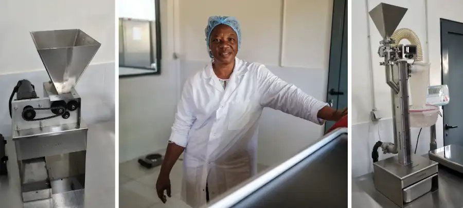 À gauche : Un concasseur. Au centre : Antónia dos Santos Neto, responsable de la chocolaterie. À droite : Un vanneur.