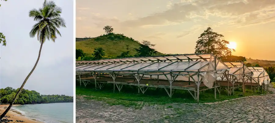 Une plage à São Tomé et des séchoirs solaires au centre de transformation du cacao à la CECAB